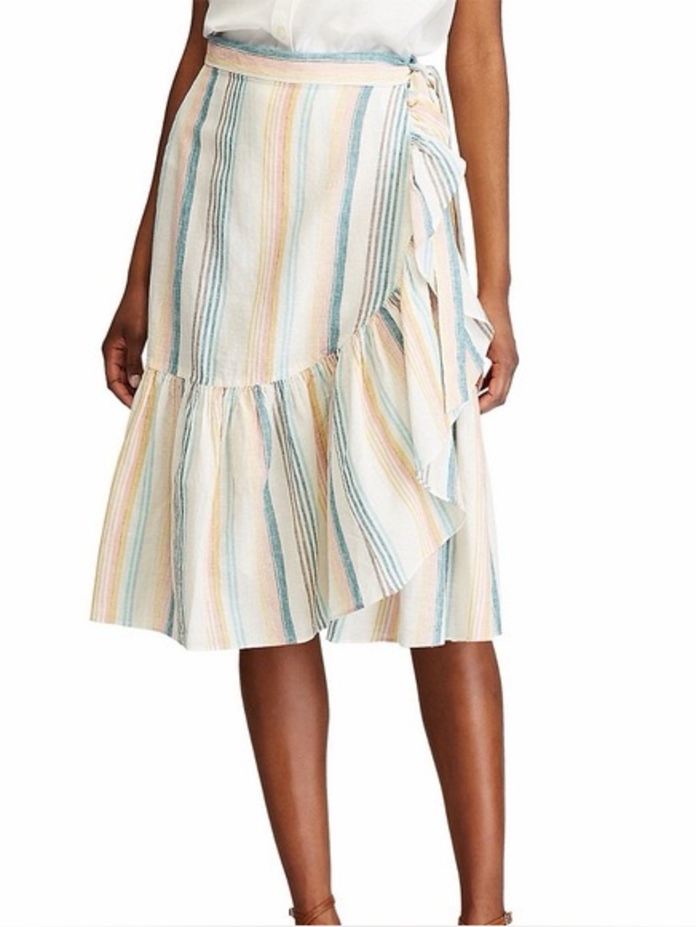 Chaps Ruffle Stripe Midi Linen Wrap Skirt Sz M Pastel‎ Natural Fiber Boho Spring